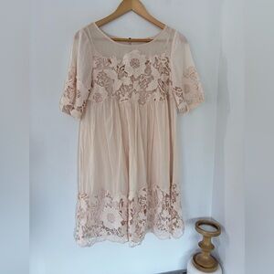 ANTHROPOLOGIE Magnolia Floral Lace Dress w/Chemise Holding Horses Sz 8 Cream EUC